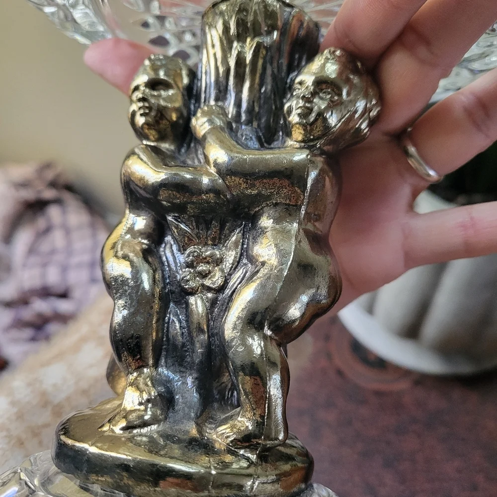 FRENCH ROCOCO PEDESTAL COMPOTE Hollywood Regency Glass Centerpiece with Cherubs